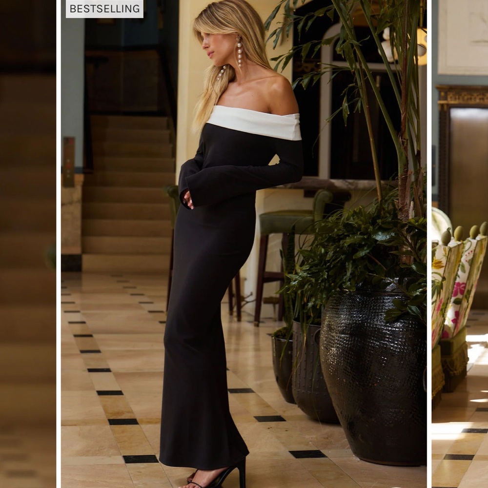 Black and white off the shoulder maxi dress